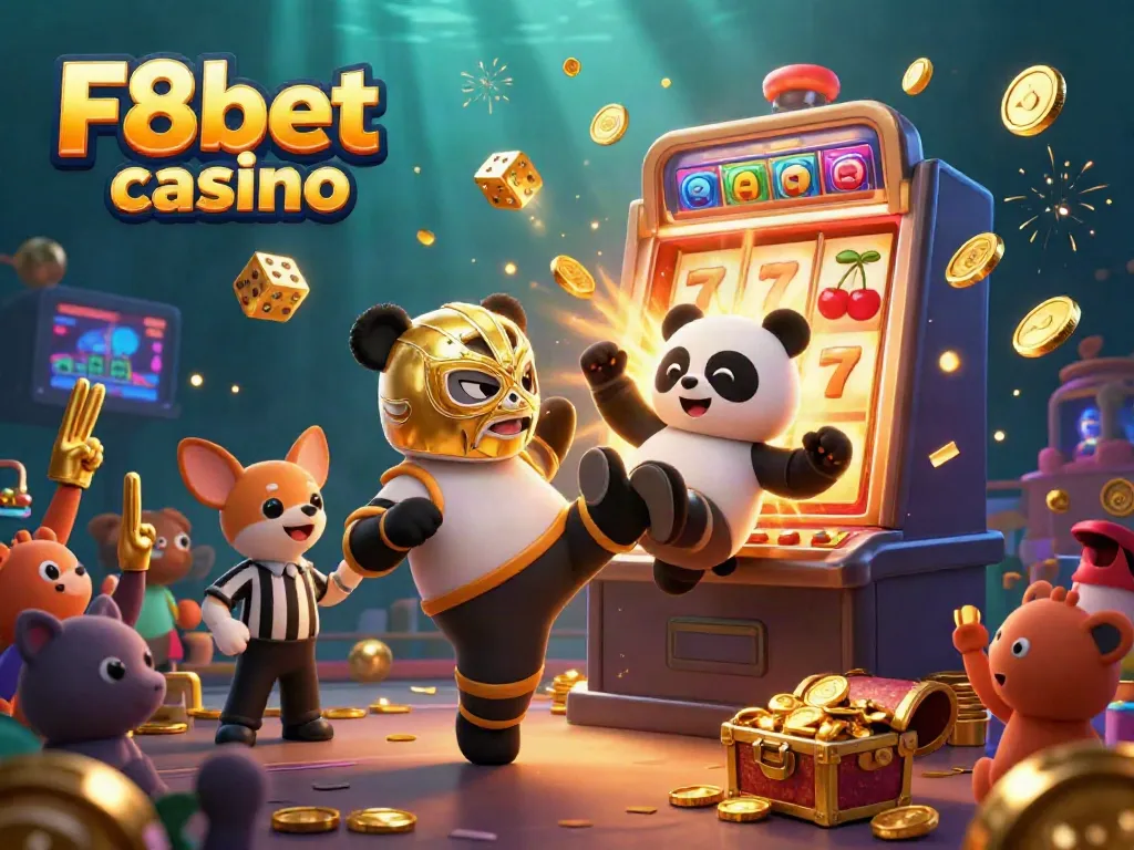 Experience thrilling action at F8bet casino as a panda in a golden lucha libre mask performs a flying kick amid a jackpot explosion.