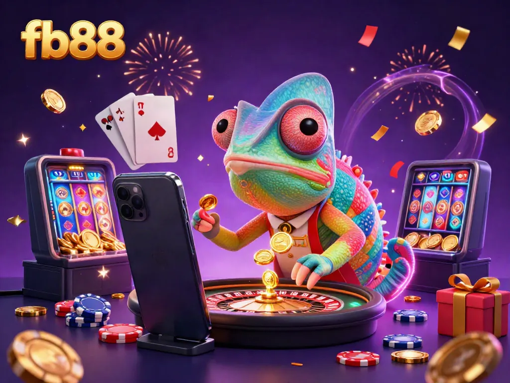 Win big with fb88 as you encounter a vibrant casino scene featuring a chameleon owner and thrilling games.