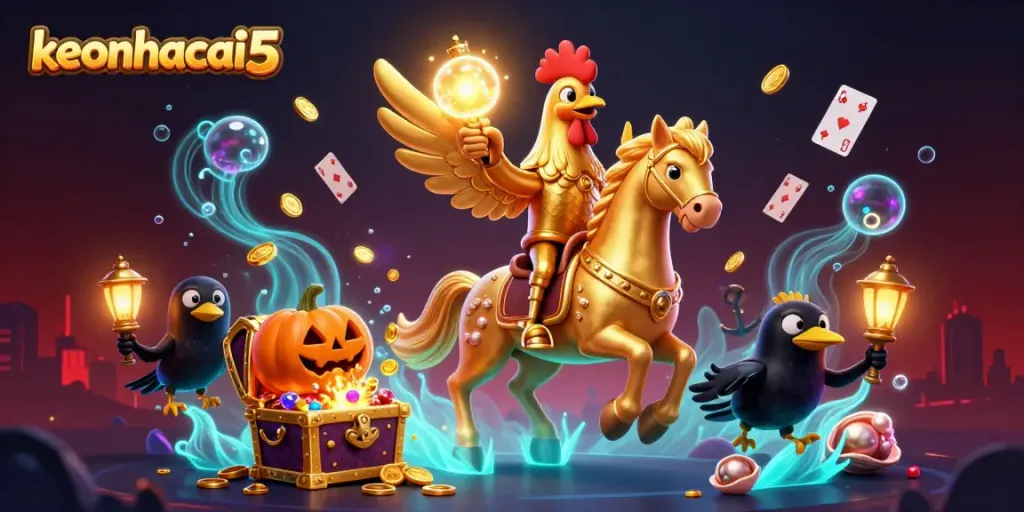 Experience thrilling action with keonhacai5, as our golden rooster hero ventures through a spectacular casino scene.