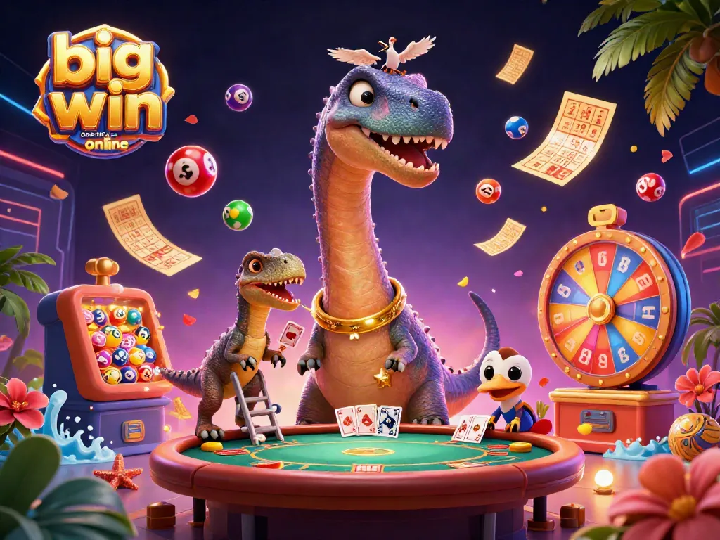 Experience the thrill of big win casinos online with a playful brontosaurus and clever raptor in a vibrant casino.