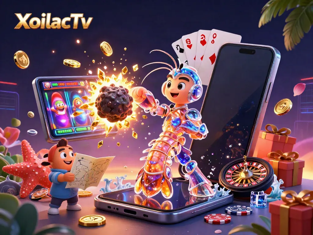 XoilacTv showcases a dynamic 3D scene with a galactic samurai shrimp amidst exploding gems and a vibrant slot game, epitomizing online gambling excitement.