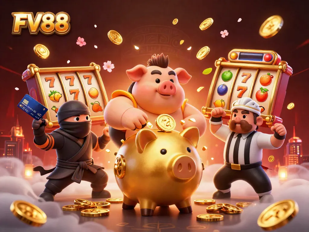 Experience the thrill of FV88 with a lively scene featuring a golden piggy bank sumo wrestler and a ninja amidst vibrant slot game elements.