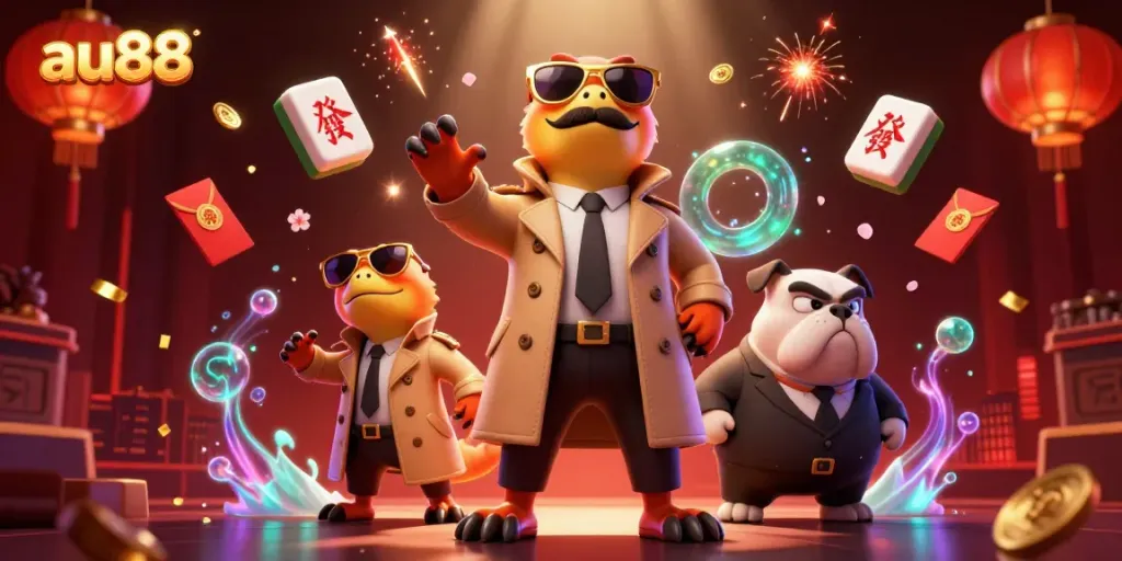 Engage with the vibrant casino atmosphere featuring au88 and playful raptors in a trench coat.