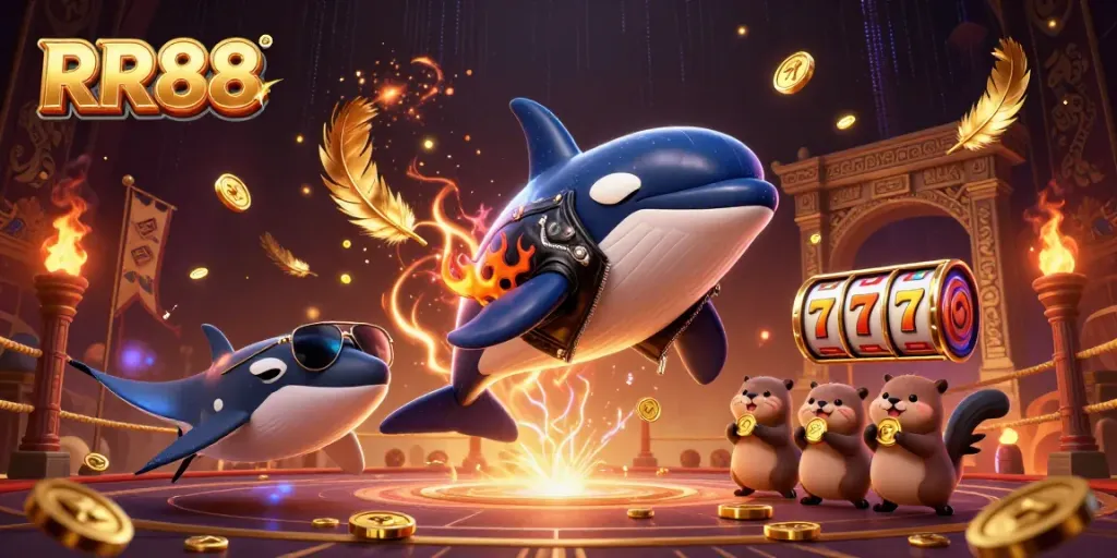 RR88 showcases exciting casino games with a dynamic scene of animated characters and gambling elements.