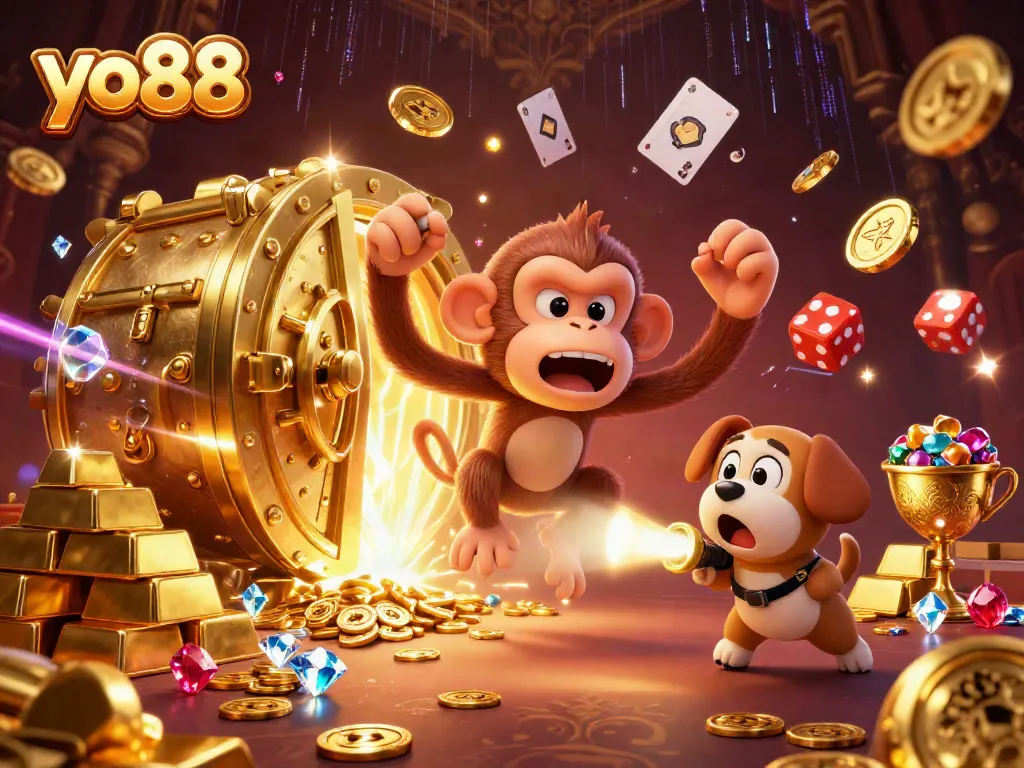 Experience the excitement of yo88 with a playful poltergeist monkey juggling treasures in a casino setting.