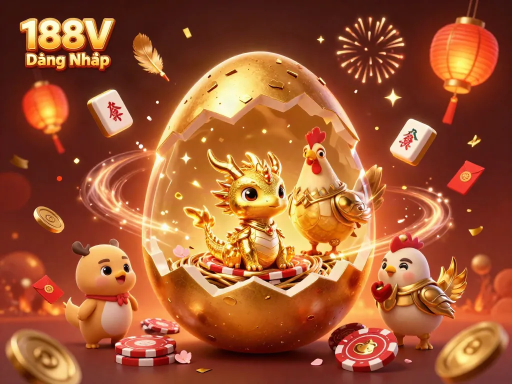 Experience the excitement of 188V Đăng Nhập as the golden dragon emerges from the egg amidst casino delights.