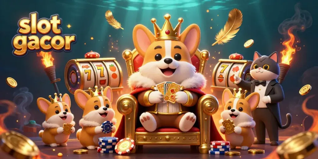 Slot gacor menampilkan corgi kerajaan dan butler kucing di dunia kasino.