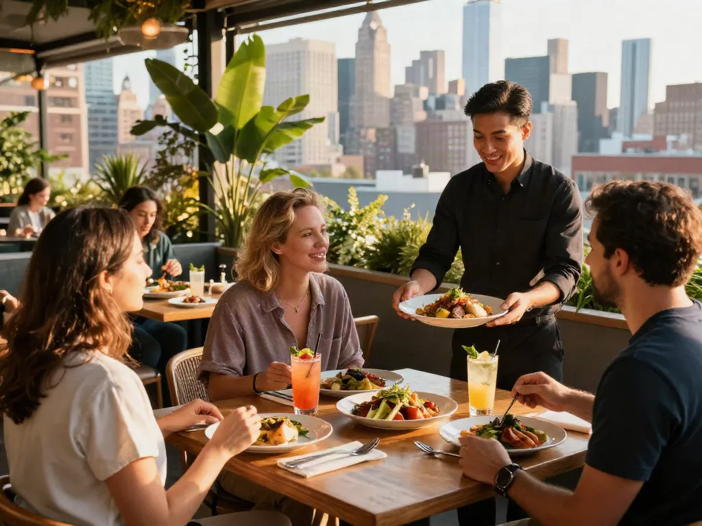 NoHu rooftop dining experience with skyline views and gourmet meals.