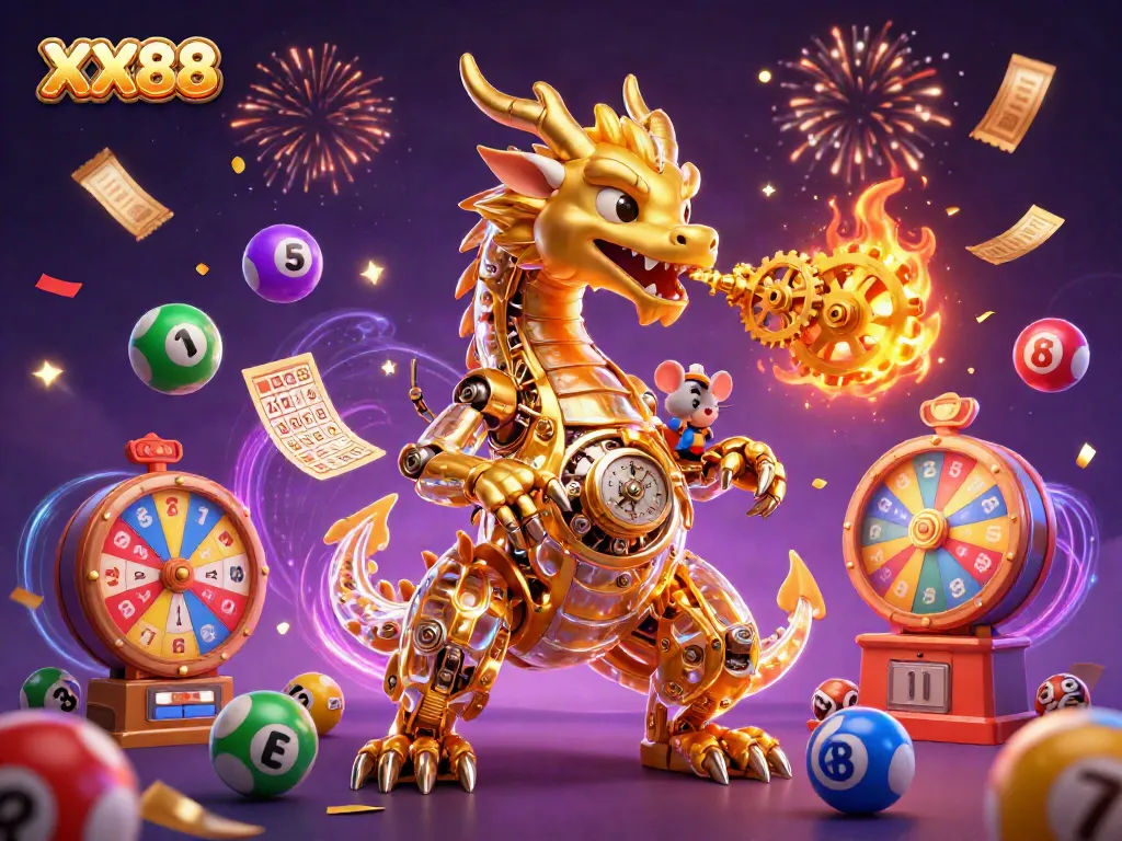 Explore exciting games at XX88 with colorful lottery balls, golden tickets, and a magical gaming atmosphere.