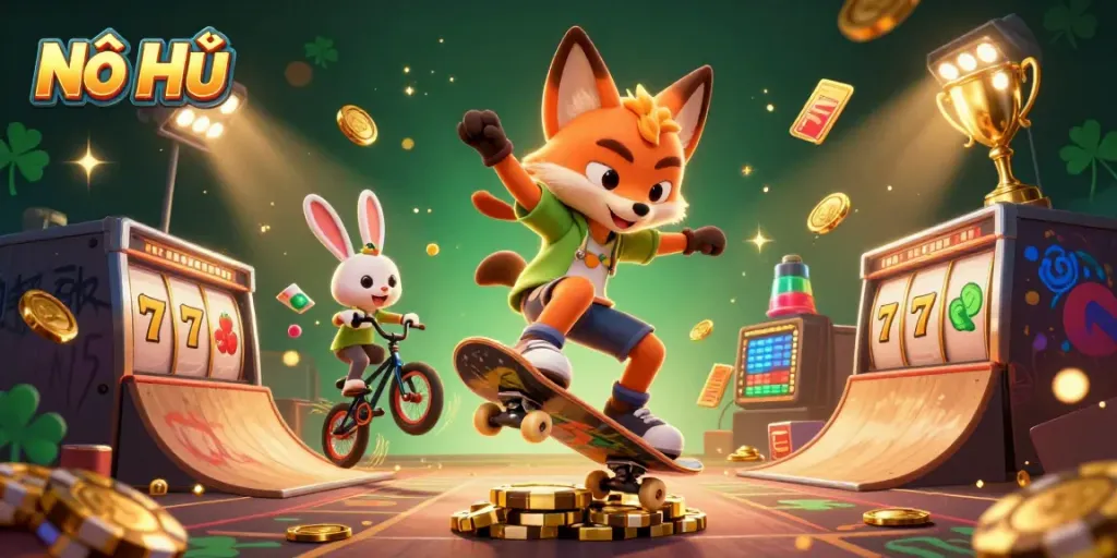 Nổ Hũ features a vibrant scene with a skateboarder fox and BMX-riding rabbit in a dynamic casino setting.