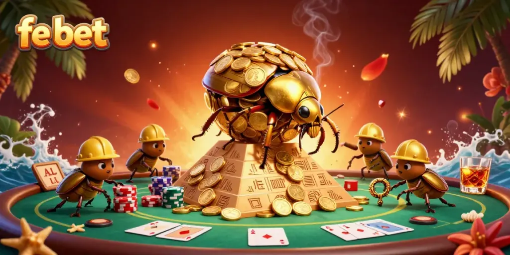 Engage with fe bet in vibrant 3D casino art showcasing golden beetles and poker elements.