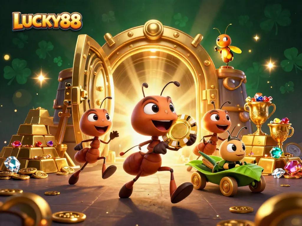 LUCKY88 vibrant casino-themed scene with ants carrying poker chips and sparkling treasures.