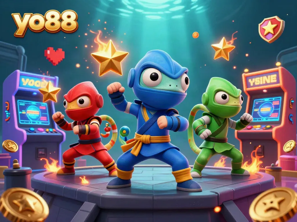 Engage with yo88 as 3D ninja chameleons showcase dynamic gaming action amidst colorful casino elements.