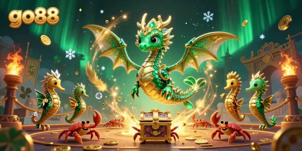 Engage with go88's enchanting underwater world featuring a majestic sea dragon and treasure.