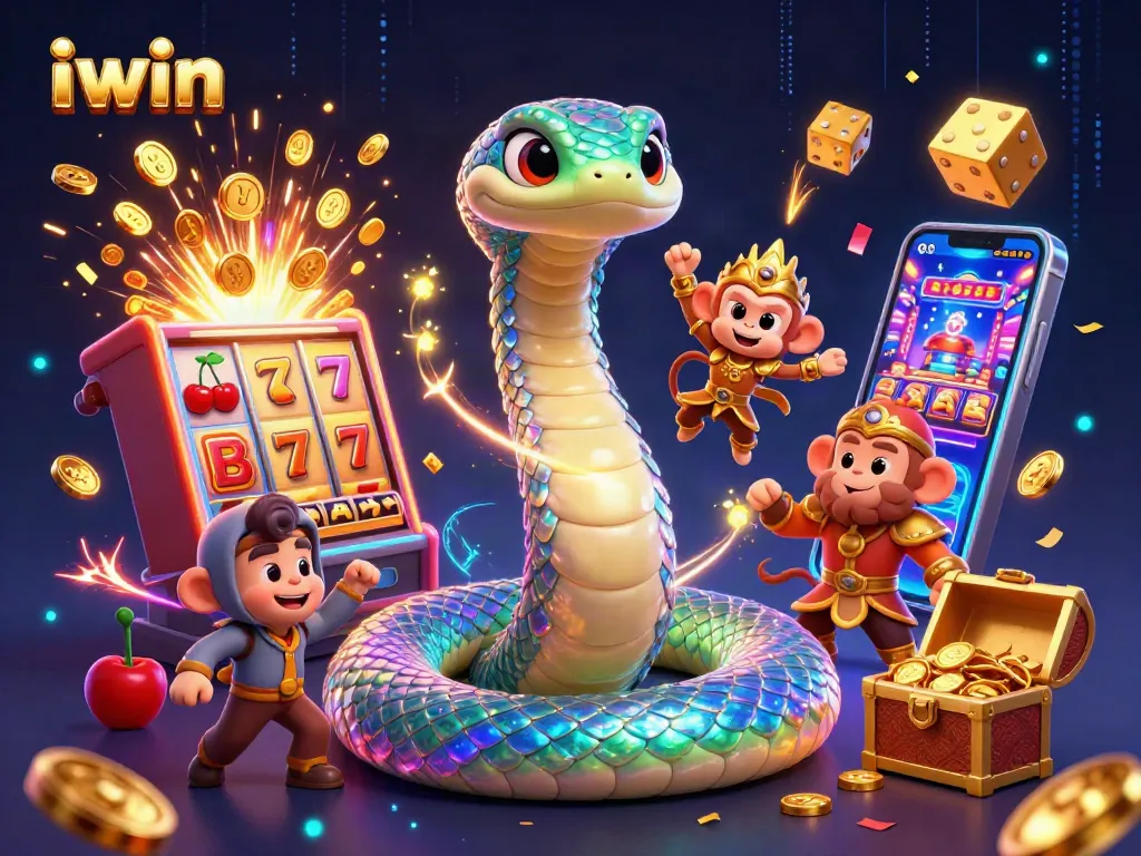 Win spectacular jackpots with iwin's vibrant casino scene featuring cartoon characters and slot machines.