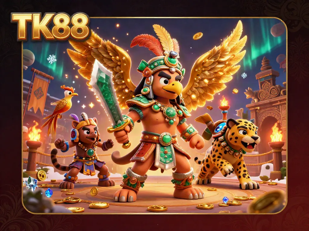 Bet big with TK88's dynamic casino scene featuring Aztec warriors and gold coins.