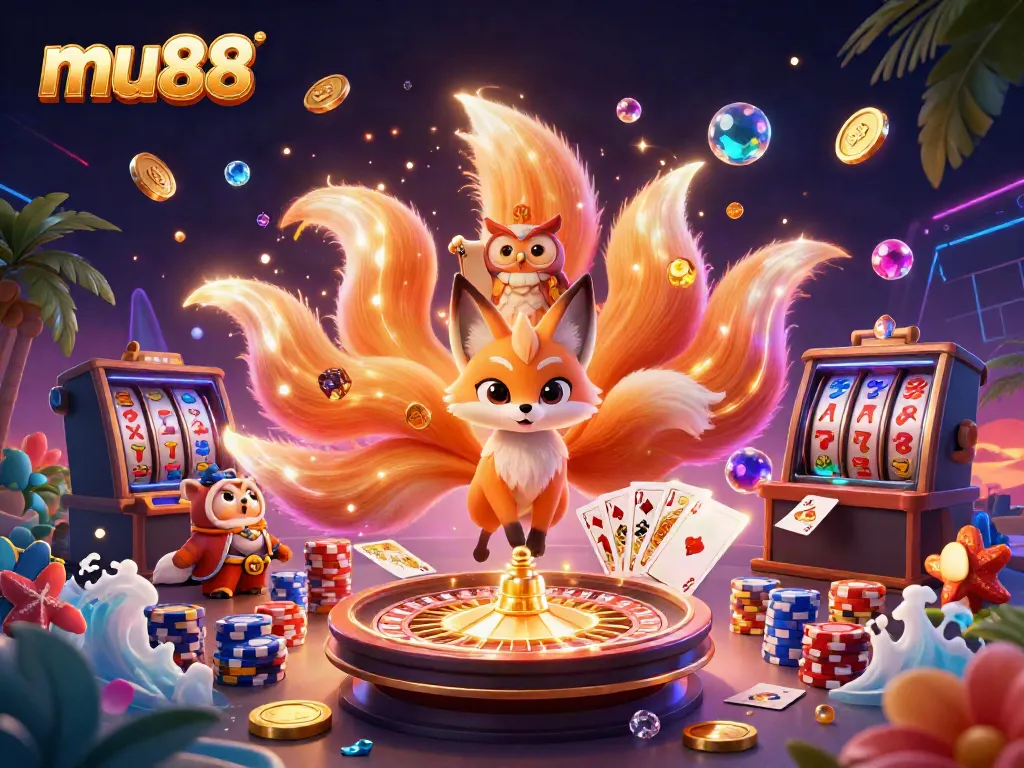 Experience mu88's vibrant gaming world with a nine-tailed fox, owl sage, and dynamic casino elements.