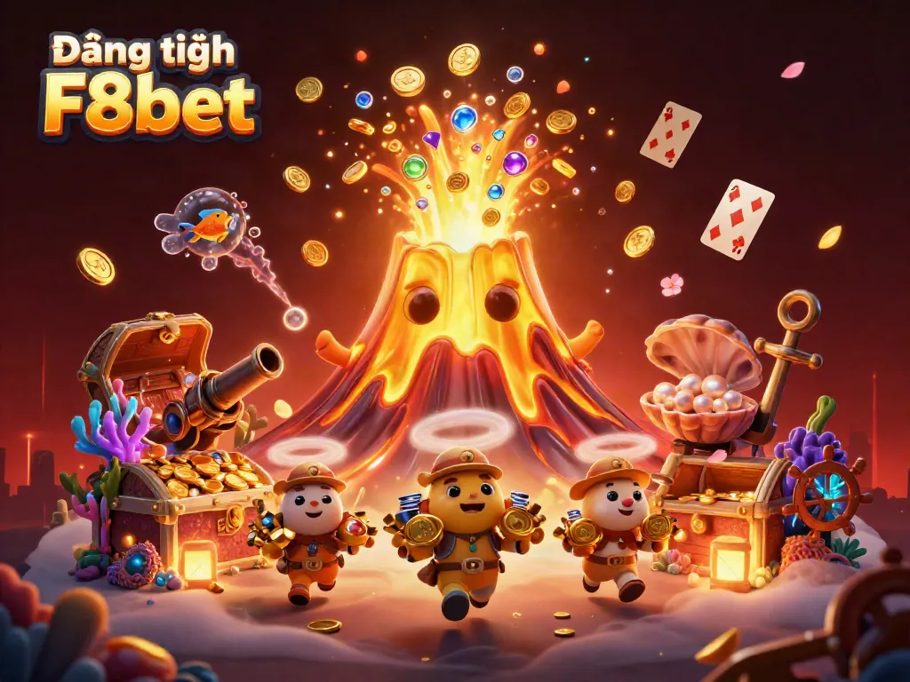 Join the excitement of Đăng ký F8bet with a dynamic image of a golden volcano erupting treasures and cartoon explorers.