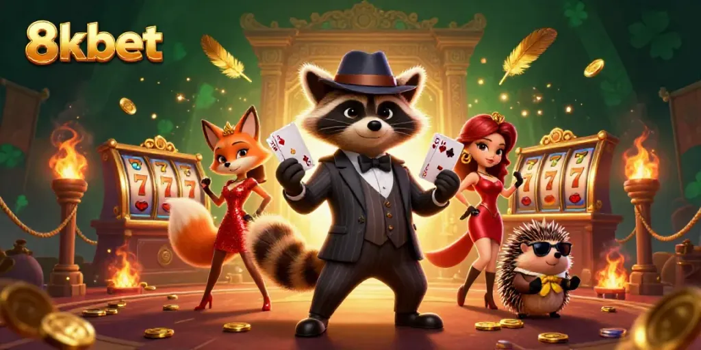 Experience excitement with 8xbet at an animated casino scene filled with characters and slot elements.