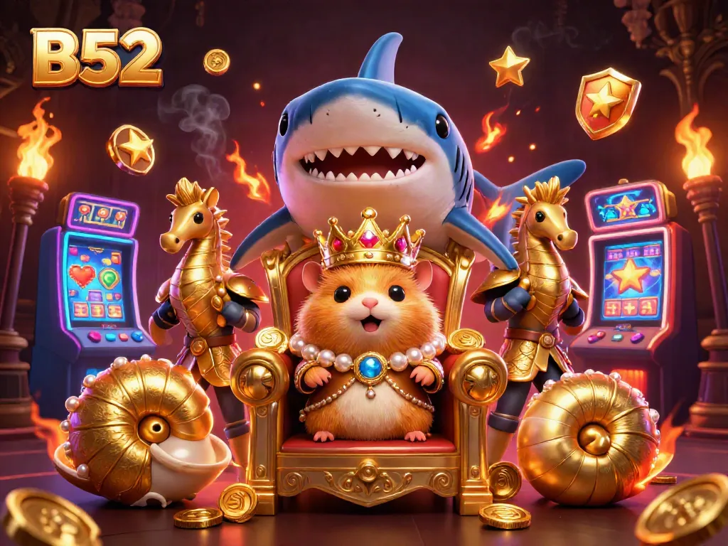 B52 casino gaming scene inviting players with a golden hamster king and vibrant slot machines.
