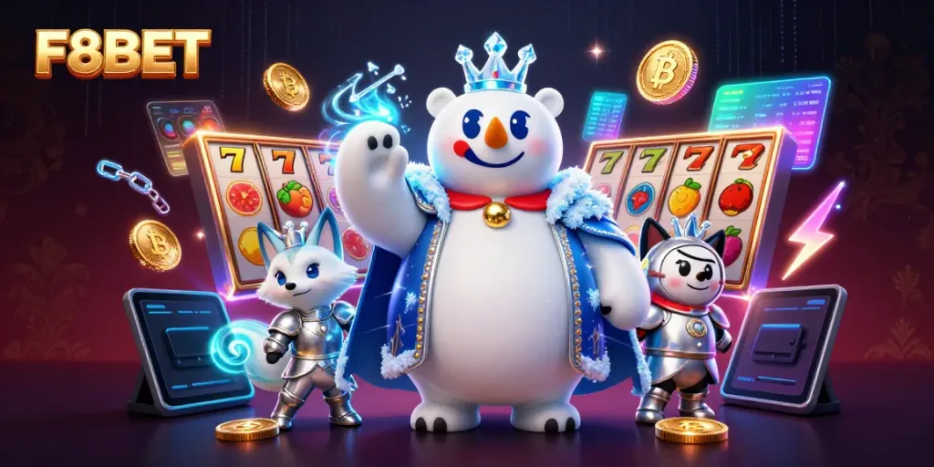 Experience F8BET excitement with a whimsical polar bear and fox in a vibrant casino scene.