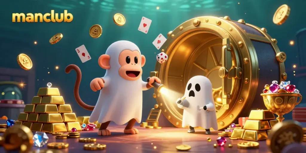 Experience the thrill of manclub as a playful poltergeist monkey juggles golden casino treasures, captivating players.