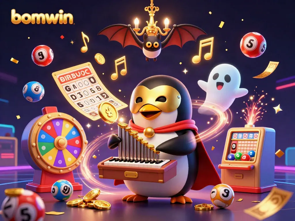 The bomwin-themed 3D scene features a penguin playing a pipe organ with coins, surrounded by dynamic casino elements.