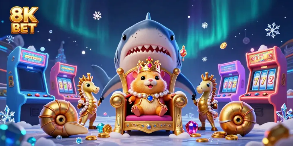 Experience exciting gaming adventures with 8K BET featuring a whimsical scene of aquatic royalty.